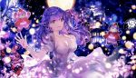  1girl :d bare_tree breasts building city cleavage commentary_request dress elbow_gloves fate/stay_night fate_(series) full_moon gloves hand_up highres jewelry large_breasts leaf light_particles long_hair looking_at_viewer matou_sakura moon necklace night open_mouth plant puffy_short_sleeves puffy_sleeves purple_eyes purple_hair rioka_(southern_blue_sky) short_sleeves smile solo sparkle tree white_dress white_gloves 