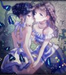  2girls backless_outfit bare_shoulders black_hair blue_bow bow braid brown_hair bug butterfly dress earrings floral_background green_nails haduki_tohru hair_bun hair_up highres holding_hands insect jewelry long_hair looking_at_viewer multiple_girls necklace original pink_eyes short_hair silver_eyes standing very_long_hair white_dress yuri 