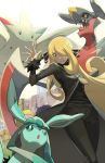  1girl ahoge black_coat black_pants black_shirt blonde_hair blue_eyes character_request ege_(597100016) floating_hair from_below glaceon hair_ornament hair_over_one_eye long_hair long_sleeves pants pokemon pokemon_(game) pokemon_bw shirona_(pokemon) shirt very_long_hair 