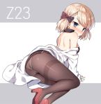  1girl ass azur_lane bangs bare_shoulders black_bow black_dress blonde_hair blush bow brown_legwear character_name dress eyebrows_visible_through_hair grey_background hair_bow high_heels long_sleeves looking_at_viewer looking_back mauve off_shoulder panties panties_under_pantyhose pantyhose purple_eyes red_footwear shirt shoe_soles short_hair shoulder_blades sleeveless sleeveless_dress sleeves_past_wrists solo thighband_pantyhose two-tone_background underwear v-shaped_eyebrows white_background white_shirt z23_(azur_lane) 