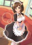  1girl :3 absurdres alternate_costume animal_ears apron black_ribbon black_shirt black_skirt blurry blurry_background breasts brown_hair cat_ears cleavage detached_collar enmaided frilled_apron frilled_skirt frills green_eyes hair_ribbon highres holding holding_plate idolmaster idolmaster_cinderella_girls indoors large_breasts lens_flare looking_at_viewer maekawa_miku maid maid_headdress medium_skirt neck_ribbon plate ribbon shirt short_hair short_sleeves skirt solo standing swepot waist_apron white_apron white_legwear wing_collar 