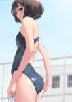  1girl adjusting_clothes adjusting_swimsuit ass black_hair black_swimsuit blue_eyes blue_sky breasts building commentary_request competition_swimsuit cowboy_shot fence gradient_sky highres jonsun looking_at_viewer one-piece_swimsuit original outdoors profile short_hair sky small_breasts solo standing swimsuit twitter_username 