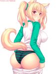  1girl animal_ear_fluff animal_ears ass bangs blonde_hair blush breasts cat_ears commentary_request covered_nipples eyebrows_visible_through_hair fast-runner-2024 green_scrunchie grin hair_between_eyes hair_ornament hair_scrunchie highres large_breasts long_hair looking_at_viewer looking_back original panties pants pants_pull raglan_sleeves red_eyes scrunchie shirt sidelocks simple_background slit_pupils smile solo striped striped_panties tail tail_raised tiffy twintails underwear watermark web_address white_background white_pants white_shirt 