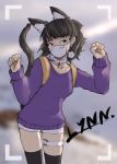  1girl absurdres animal_ear_fluff animal_ears arms_up backpack bag belt black_hair black_legwear black_tail blue_eyes blurry blurry_background breasts character_name choker clenched_teeth contrapposto highres jewelry long_sleeves looking_to_the_side lynn_(ring_of_elysium) maelorian neck_belt paw_pose pendant pom_pom_earrings purple_sweater ring_of_elysium short_hair short_shorts shorts small_breasts standing star star_choker surgical_mask sweater tail teeth text_focus thigh_strap thighhighs white_belt white_mask white_shorts 