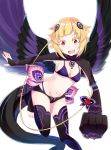  1girl :d bikini black_legwear black_shorts black_sleeves black_wings blonde_hair breasts bridal_gauntlets capella_emerada_lugnica cleavage clenched_hand demon_girl dragon_tail feathered_wings groin hair_ornament highres leg_up long_sleeves looking_at_viewer micro_shorts multicolored multicolored_wings navel nemu_mohu open_mouth outstretched_arm purple_bikini purple_wings re:zero_kara_hajimeru_isekai_seikatsu red_eyes shiny shiny_hair short_hair shorts sideboob simple_background small_breasts smile solo swimsuit tail thighhighs underboob white_background wings 
