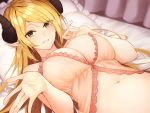  1girl anza_tomo blonde_hair blurry breasts cleavage demon_girl depth_of_field eyebrows_visible_through_hair green_eyes horns indoors large_breasts lingerie long_hair looking_at_viewer lying navel negligee non-web_source on_back on_bed original outstretched_hand pointy_ears smile solo underwear 