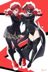  1girl black_bow black_jacket black_legwear bow breasts dual_persona gloves highres jacket leotard long_hair mask pantyhose persona persona_5 persona_5_the_royal ponytail red_bow red_eyes red_gloves red_hair sao_(saowee) school_uniform solo sword thighhighs weapon yoshizawa_kasumi 