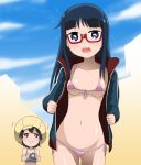  2girls ass_visible_through_thighs bangs bikini black_hair blue_eyes blue_hair blue_jacket blue_sky blunt_bangs blush breasts breasts_apart building cameltoe camera cloud cloudy_sky collarbone day denki-gai_no_hon&#039;ya-san embarrassed eyebrows_visible_through_hair female_pervert foreshortening frilled_swimsuit frills front-tie_bikini front-tie_top glasses grey_swimsuit groin heart heart-shaped_pupils highres holding holding_camera jacket kakkii kameko_(denki-gai) long_hair looking_at_viewer micro_bikini multiple_girls navel open_clothes open_jacket open_mouth outdoors pervert pink_bikini purple_eyes red-framed_eyewear round_teeth semi-rimless_eyewear sensei_(denki-gai) shiny shiny_hair shiny_skin short_hair side-tie_bikini sidelocks silhouette sky small_breasts string_bikini swimsuit symbol-shaped_pupils teeth tongue track_jacket underboob vertical-striped_jacket yellow_headwear 