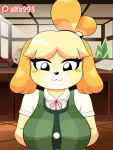  2019 2d_animation alfa995 animal_crossing animated anthro big_breasts black_nose blonde_hair blush blush_stickers breasts canid canine canis clothed clothing digital_media_(artwork) domestic_dog female hair isabelle_(animal_crossing) mammal nintendo patreon shih_tzu smile solo toy_dog video_games 