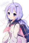  1girl :d anchor_symbol azur_lane backpack bag bangs black_sailor_collar black_scrunchie blush cardigan character_name eyebrows_visible_through_hair grey_cardigan hair_flaps hair_ornament hair_scrunchie heart long_hair low_twintails mauve neckerchief open_mouth pink_neckwear purple_eyes purple_hair sailor_collar school_uniform scrunchie serafuku sidelocks simple_background smile solo twintails unicorn_(amusement_park_date)_(azur_lane) unicorn_(azur_lane) white_background white_sailor_collar x_hair_ornament 