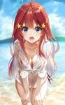  1girl :o ahoge bikini bikini_under_clothes blue_eyes blue_sky blurry blurry_background breasts caustics cleavage cloud collarbone commentary_request cowboy_shot day depth_of_field go-toubun_no_hanayome hair_ornament halterneck hands_on_own_thighs highres kurokuro_illust large_breasts leaning_forward light_rays long_hair long_sleeves looking_at_viewer nakano_itsuki ocean open_mouth outdoors red_bikini red_hair see-through shirt side-tie_bikini sky solo standing star star_hair_ornament sunbeam sunlight swimsuit thighs water wet wet_clothes wet_shirt white_shirt 