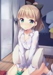  1girl amemiya_ruki barefoot bed between_legs black_bow blush bow closed_mouth collared_shirt commentary_request curtains dress_shirt green_eyes hair_bow hand_between_legs high_ponytail highres indoors light_brown_hair long_hair long_sleeves looking_at_viewer original pillow ponytail shirt sidelocks sitting sleeves_past_wrists solo wariza white_shirt window wooden_floor 