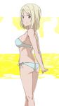  1girl arms_behind_back ass back bangs bikini blonde_hair blue_bikini breasts brown_eyes closed_mouth commentary eyebrows_visible_through_hair from_behind hands_together highres kneepits legs looking_at_viewer looking_back medium_breasts medium_hair original pink_x romaji_commentary side-tie_bikini skindentation smile solo standing swept_bangs swimsuit 