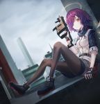  1girl absurdres arknights black_footwear black_legwear breasts brown_eyes character_request city commentary_request day exusiai_(arknights) gun hair_over_one_eye halo highres holding holding_gun holding_weapon ildy jacket looking_at_viewer outdoors pantyhose purple_hair shoes short_hair short_sleeves shorts sitting small_breasts smile solo weapon white_jacket 