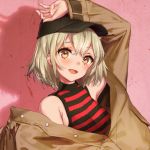  1girl arm_up black_headwear blonde_hair blush brown_eyes close-up eyebrows_visible_through_hair hat highres looking_at_viewer open_mouth original short_hair sleeveless smile solo upper_body yutsumoe 