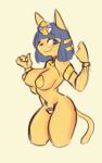  animal_crossing ankha_(animal_crossing) anthro badassbaal blue_hair breasts domestic_cat egyptian felid feline felis female fur hair hi_res mammal nintendo simple_background solo sweat uraeus video_games 