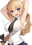  1girl arm_behind_head armpits arms_up bangs black_neckwear blonde_hair blue_eyes blush braid breasts commentary_request exe_(xe) eyebrows_visible_through_hair fate/apocrypha fate_(series) flying_sweatdrops hair_between_eyes hair_ribbon impossible_clothes impossible_shirt jeanne_d&#039;arc_(fate) jeanne_d&#039;arc_(fate)_(all) large_breasts long_braid long_hair looking_at_viewer necktie no_bra open_mouth ribbon see-through shirt single_braid sleeveless sleeveless_shirt solo tongue upper_body very_long_hair wet wet_clothes wet_shirt white_shirt 