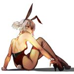  1girl altera_(fate) animal_ears ass back black_nails breasts bunny_ears bunny_tail bunnysuit dark_skin fate/grand_order fate_(series) fishnet_pantyhose fishnets full_body_tattoo high_heels highres i-pan pantyhose ponytail red_eyes short_hair sitting small_breasts solo tail tattoo white_hair wrist_cuffs 
