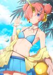  1girl bandaged_arm bandages beach bikini blue_bikini blue_eyes blue_sky breasts cloud day double_bun fate/apocrypha fate/grand_order fate_(series) frankenstein&#039;s_monster_(fate) frankenstein&#039;s_monster_(swimsuit_saber)_(fate) hair_ornament hair_over_one_eye headgear holding horn looking_at_viewer navel outdoors pink_hair pleated_skirt short_hair skirt sky small_breasts solo sweat swimsuit umbrella wet yuuzuki_(re&#039;ef) 