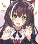  1girl absurdres animal_ear_fluff animal_ears bangs bare_shoulders blush brown_hair cat_ears claw_pose commentary_request eyebrows_visible_through_hair fang fingernails green_eyes hair_between_eyes hands_up hasu_(velicia) highres kyaru_(princess_connect) lightning_bolt long_hair looking_at_viewer multicolored_hair open_mouth pink_background princess_connect! princess_connect!_re:dive shirt sketch sleeveless sleeveless_shirt solo streaked_hair two-tone_background v-shaped_eyebrows white_background white_hair white_shirt 
