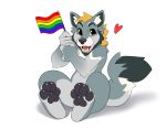  &lt;3 4_toes anthro black_pawpads canid canine canis danomil domestic_dog flag hair male mammal open_mouth pawpads pride_colors rainbow_flag rainbow_symbol simple_background sitting smile solo teeth toes tongue white_background yellow_eyes 