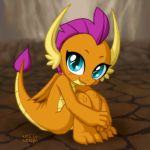  2019 blue_eyes blush dragon fangs female friendship_is_magic horn looking_at_viewer my_little_pony sitting smol smolder_(mlp) solo uotapo wings 