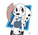  101_dalmatian_street 101_dalmatians 2019 absurd_res adamb/fluffy anthro canid canine canis clothed clothing collar dalmatian digital_media_(artwork) disney dolly_(101_dalmatians) domestic_dog female hi_res mammal navel signature simple_background solo spots 