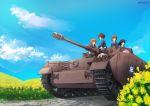  5girls ahoge akiyama_yukari anglerfish bangs black_eyes black_footwear black_hair blue_jacket blue_sky blunt_bangs boots brown_eyes brown_hair buchikaki closed_mouth cloud cloudy_sky commentary day emblem eyebrows_visible_through_hair field flower flower_field girls_und_panzer ground_vehicle hairband isuzu_hana jacket kneeling long_sleeves looking_at_another looking_at_viewer messy_hair military military_uniform military_vehicle miniskirt motor_vehicle multiple_girls nishizumi_miho ooarai_(emblem) ooarai_military_uniform open_mouth orange_eyes orange_hair outdoors panzerkampfwagen_iv pleated_skirt reizei_mako sitting skirt sky sleeping smile takebe_saori tank twitter_username uniform white_hairband white_skirt wind 