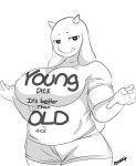  &lt;3 &lt;3_eyes 2019 5_fingers anthro big_breasts boss_monster bottomwear bovid breasts caprine clothing digital_media_(artwork) english_text fangs female goat hi_res horn innuendo inuyuru licking licking_lips looking_at_viewer mammal mature_female monochrome navel nipple_outline self_lick shirt shorts sketch smile solo standing t-shirt text thick_thighs tongue tongue_out topwear toriel undertale video_games 