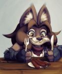  blizzard_entertainment canid canine cub cutlery dogyd female food fork hi_res hilda_(character) kitchen_utensils knife mammal meat sausage solo teeth tools video_games warcraft were werecanid werecanine werewolf worgen young 