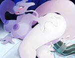  2019 3_fingers anthro armor big_breasts blush breasts butt detailed_background female half-closed_eyes huge_breasts legendary_pok&eacute;mon looking_back lying mewtwo nintendo nipples nude open_mouth penetration pok&eacute;mon pok&eacute;mon_(species) purple_eyes pussy pussy_juice skwidbone solo thick_thighs vaginal vaginal_penetration video_games 