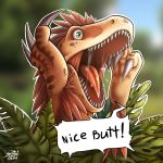  ark_survival_evolved carnivore claws dinosaur dromaeosaurid english_text feathers feral green_eyes open_mouth peeking reaction_image reptile saliva saurian scales scalie scutallizard speech_bubble teeth text theropod utahraptor 