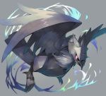  bird black_sclera claws commentary corviknight crow flying full_body gen_8_pokemon grey_background looking_at_viewer pokemon pokemon_(creature) red_eyes sasa_onigiri scowl sharp_claws simple_background solo wings 