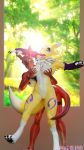  2019 3d_(artwork) anthro armwear black_sclera blue_eyes breast_grab breasts bridal_gauntlets canid canine claws clothing digimon digimon_(species) digital_media_(artwork) dipstick_ears dipstick_tail duo female female/female fox fur grabbing_from_behind green_eyes guilmon hand_on_breast hi_res mammal markings multicolored_ears multicolored_tail neck_tuft nipples nude on_one_leg open_mouth open_smile pawpads pussy renamon simple_background smile socks_(marking) sowat-blend standing surprise toe_claws tuft white_fur yellow_fur 