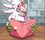  ambiguous_gender book chimera claws el7doodles english_text eyes_closed gladion_(pok&eacute;mon) human humor hybrid legendary_pok&eacute;mon library mammal nintendo pok&eacute;mon pok&eacute;mon_(species) reading sharp_claws silvally sitting text video_games 