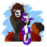  2016 ailurid anthro black_nose citrinelle clothed clothing digital_media_(artwork) duo feral fur heterochrmia mammal open_mouth purple_fur red_panda simple_background standing teeth 