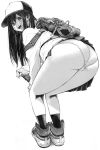  1girl absurdres ass backpack bag baseball_cap bent_over commentary_request crotch_seam from_behind gagaimo greyscale hand_on_own_knee hat high_tops highres legs long_hair long_sleeves looking_at_viewer looking_back miniskirt monochrome open_mouth original panties partial_commentary pleated_skirt school_uniform shoes skirt sleeves_past_wrists smile socks solo standing sweater traditional_media underwear 