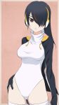  1girl akagi_(fmttps) artist_name black_hair black_jacket breasts commentary drawstring emperor_penguin_(kemono_friends) hair_over_one_eye hand_on_hip headphones highres hood hoodie jacket kemono_friends leaning_to_the_side leotard lips long_hair long_sleeves looking_at_viewer medium_breasts multicolored_hair pink_background solo standing streaked_hair thighhighs turtleneck twitter_username white_legwear white_leotard 