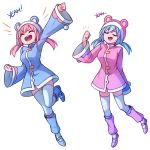  2girls :d ^_^ animal_hood arm_up bangs blue_coat blue_footwear blue_hair bow clenched_hands closed_eyes english_text eyebrows_visible_through_hair fang fur-trimmed_hood hand_up hood leg_warmers long_hair long_sleeves low_twintails multiple_girls nieve_(rabi_ribi) nixie_(rabi_ribi) open_mouth pink_coat pink_footwear pink_hair pom_pom_(clothes) rabi-ribi shoes siblings sisters smile speckticuls sweatdrop thighhighs transparent_background twintails upper_teeth v-shaped_eyebrows white_legwear wide_sleeves 