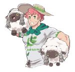  1boy :d absurdres carrying freckles gen_8_pokemon green_eyes happy hat highres horns looking_at_viewer male_focus milki muscle open_mouth pink_hair pokemon pokemon_(creature) pokemon_(game) pokemon_swsh sheep shirt short_sleeves simple_background smile standing sun_hat wooloo yarrow_(pokemon) 