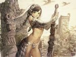  1girl :o arm_up armor baiguiyu bangs bare_shoulders bikini_armor bird braid brown_eyes column cowboy_shot faulds from_side holding lead long_hair looking_at_viewer looking_to_the_side navel open_mouth original outdoors pillar ruins solo stomach swept_bangs toned twin_braids vambraces veil 