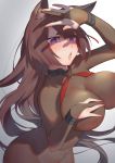  1girl amagi_(azur_lane) animal_ear_fluff animal_ears azur_lane bangs blunt_bangs blush bodystocking bodysuit bouncing_breasts breasts brown_hair choker commentary_request covered_navel cowboy_shot fox_ears fox_shadow_puppet glowing glowing_eye gradient gradient_background groin hand_gesture hand_on_own_chest impossible_bodysuit impossible_clothes karinto_yamada large_breasts lips long_hair looking_at_viewer navel no_tail open_mouth outstretched_hand pink_lips purple_eyes shadow_puppet short_eyebrows skin_tight solo standing thick_eyebrows tight upper_body 