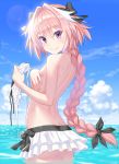  (tat) 1boy ass astolfo_(fate) bangs bikini_skirt black_bow blue_sky blush bow braid cloud commentary_request eyebrows_visible_through_hair fang fate/grand_order fate_(series) from_behind hair_bow hair_intakes hair_ribbon highres holding_bikini_top in_water long_braid long_hair looking_at_viewer male_focus multicolored_hair otoko_no_ko outdoors pink_hair purple_eyes ribbon single_braid skin_fang sky solo streaked_hair topless water white_hair 