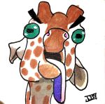  black_eyebrows blue_eyes brown_fur brown_spots derp_eyes eyebrows fur giraffe giraffid headshot_portrait horn long_tongue looking_at_viewer mammal multicolored_fur ossicone pez_wolf portrait signature simple_background solo spots spotted_fur tongue tongue_out traditional_media_(artwork) two_tone_fur white_background white_fur 