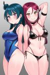  2girls arm_behind_back arm_up armlet armpits bangs bikini black_bikini blue_hair blue_swimsuit blush breasts cameltoe choker cleavage closed_mouth competition_swimsuit covered_navel cowboy_shot earrings front-tie_bikini front-tie_top gradient gradient_background hair_ornament highres jewelry long_hair looking_at_viewer love_live! love_live!_sunshine!! multi-strapped_bikini multiple_girls navel one-piece_swimsuit parted_bangs pink_eyes red_hair sakurauchi_riko side-tie_bikini side_bun simple_background single_sidelock smile stud_earrings swimsuit symbol_commentary tem10 tsushima_yoshiko wet yellow_eyes 