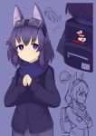  1girl :3 absurdres aircraft airplane animal_ears backpack bag bar_censor cat_ears censored closed_mouth eyebrows_visible_through_hair goggles goggles_on_head hands_together highres jacy jollibee jollibee_(mascot) long_sleeves looking_at_viewer original purple_background purple_eyes purple_hair scarf short_hair simple_background sleeves_past_wrists smile solo sweater 