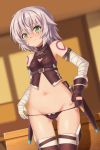  1girl absurdres arm_belt bandaged_arm bandages black_gloves black_legwear black_panties breasts cameltoe facial_scar fate/apocrypha fate/grand_order fate_(series) fingerless_gloves gloves green_eyes grey_hair highres jack_the_ripper_(fate/apocrypha) kaiyi looking_at_viewer lowleg lowleg_panties navel panties scar scar_across_eye scar_on_cheek shoulder_tattoo single_glove small_breasts solo tattoo thighhighs underwear 