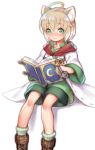  1boy ahoge animal_ears bare_legs blonde_hair book cat_ears closed_mouth cosplay crescent folks_(nabokof) full_body green_eyes green_shorts invisible_chair labcoat laphicet_(tales) leon_geeste leon_geeste_(cosplay) looking_at_viewer male_focus shoes shorts simple_background sitting smile socks solo star_ocean star_ocean_the_second_story tales_of_(series) tales_of_berseria white_background white_legwear 