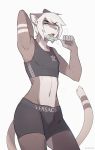  2019 adidas anthro clothed clothing digital_media_(artwork) domestic_cat eyebrows felid feline felis food fur girly green_eyes hair hi_res male mammal notglacier popsicle portrait silvermist_(notglacier) simple_background solo teeth thick_thighs three-quarter_portrait tongue white_background white_belly white_hair wide_hips 