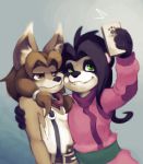  annoyed anthro blizzard_entertainment canid canine cellphone cub dogyd duo female hilda_(character) hug inner_ear_fluff li_li_stormstout mammal pandaren phone raised_arm selfie simple_background smile ursid video_games warcraft were werecanid werecanine werewolf worgen young 